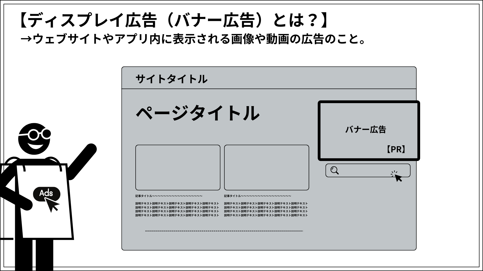 ディスプレイ広告（バナー広告）は、ウェブサイトやアプリ内に表示される画像や動画の広告