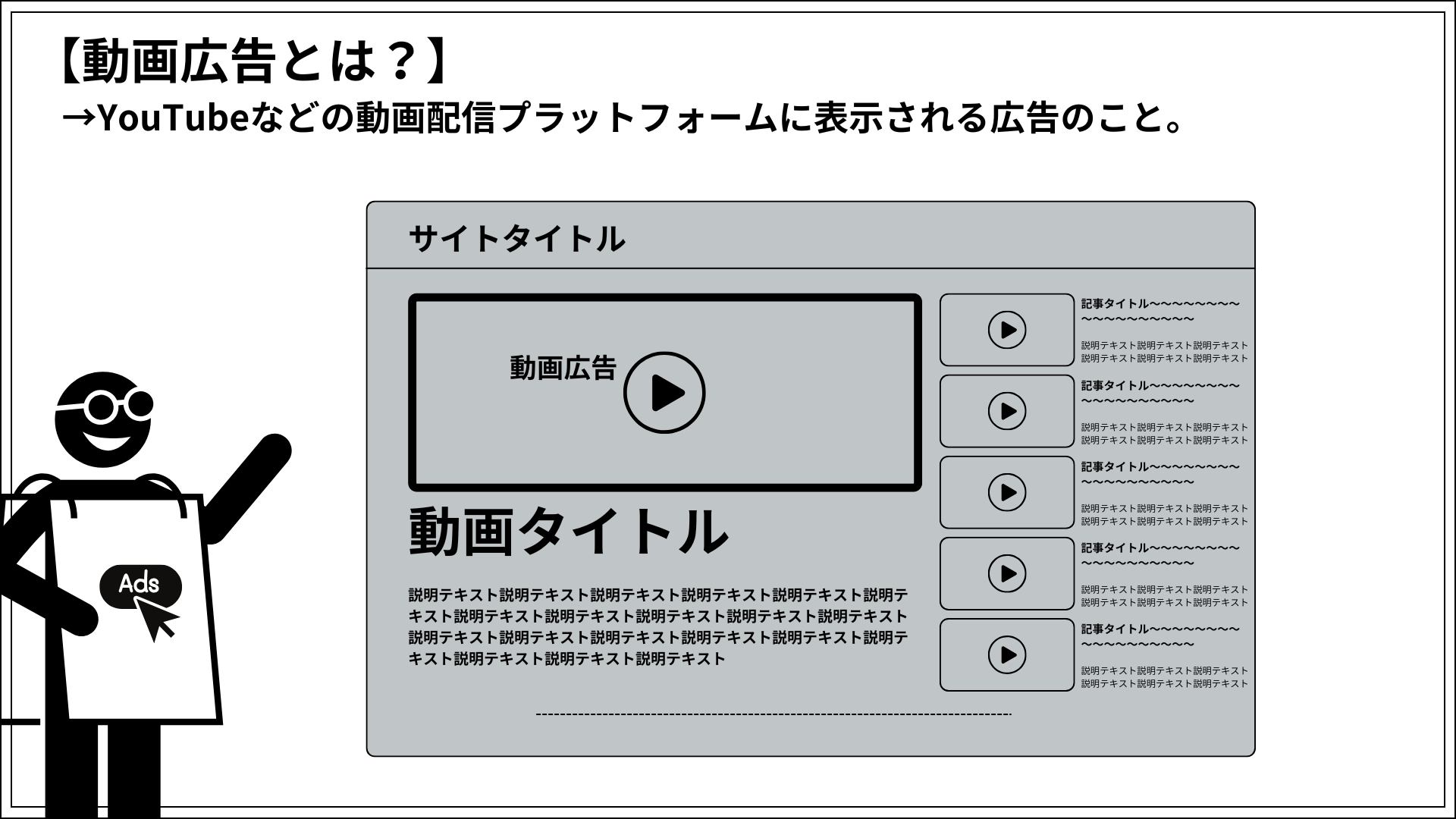 動画広告は、YouTubeなどの動画配信プラットフォームに表示される広告のこと