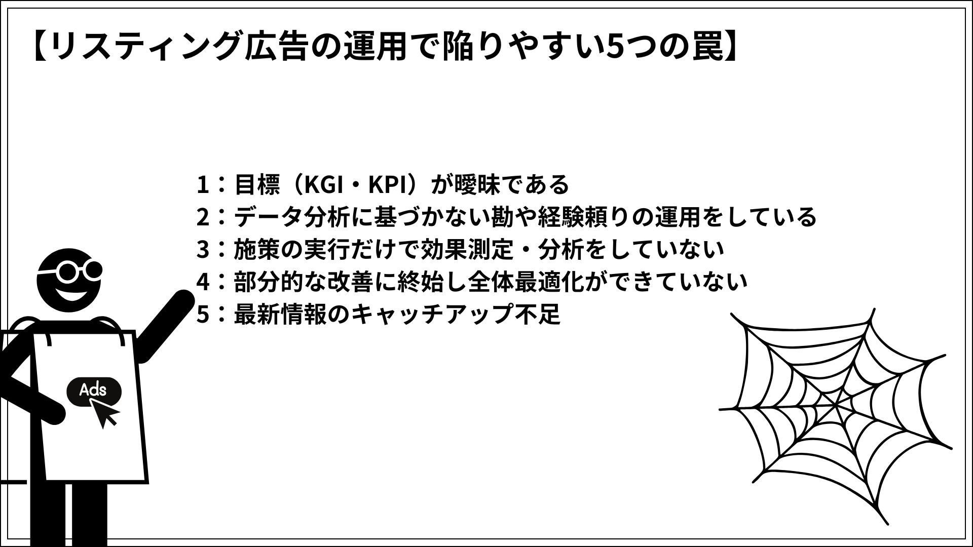 リスティング広告の運用で陥りやすい5つの罠 1：目標（KGI・KPI）が曖昧である 2：データ分析に基づかない勘や経験頼りの運用をしている 3：施策の実行だけで効果測定・分析をしていない 4：部分的な改善に終始し全体最適化ができていない 5：最新情報のキャッチアップ不足