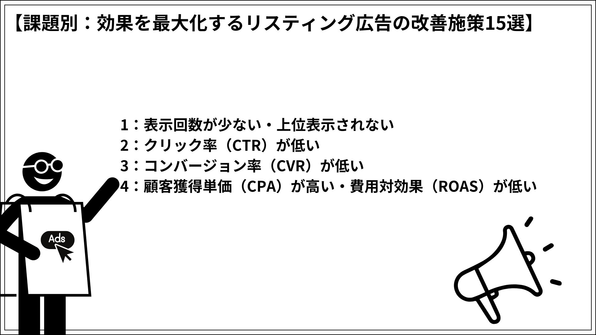課題別：効果を最大化するリスティング広告の改善施策15選 1：表示回数が少ない・上位表示されない 2：クリック率（CTR）が低い 3：コンバージョン率（CVR）が低い 4：顧客獲得単価（CPA）が高い・費用対効果（ROAS）が低い
