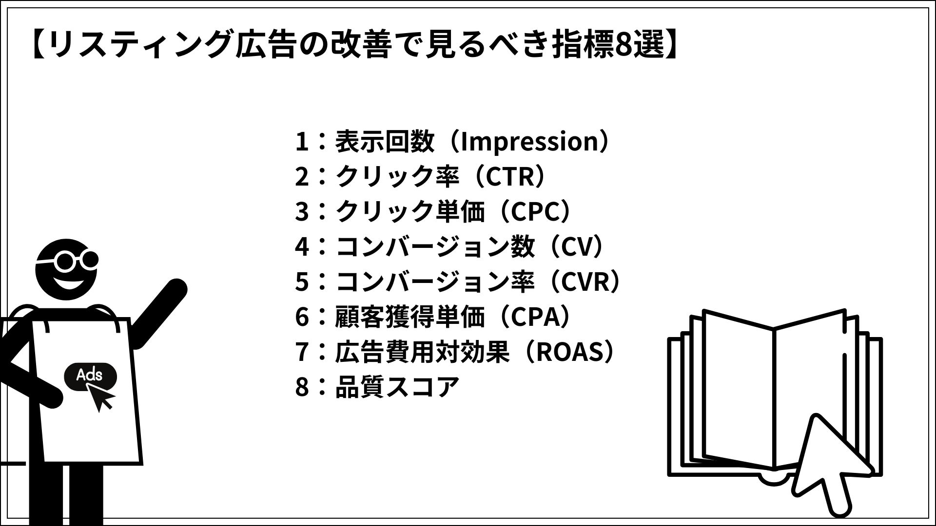 リスティング広告の改善で見るべき指標8選 1：表示回数（Impression） 2：クリック率（CTR） 3：クリック単価（CPC） 4：コンバージョン数（CV） 5：コンバージョン率（CVR） 6：顧客獲得単価（CPA） 7：広告費用対効果（ROAS） 8：品質スコア