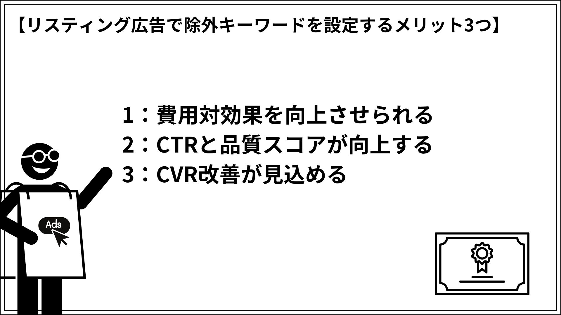 リスティング広告で除外キーワードを設定するメリット3つ 1：費用対効果を向上させられる 2：CTRと品質スコアが向上する 3：CVR改善が見込める