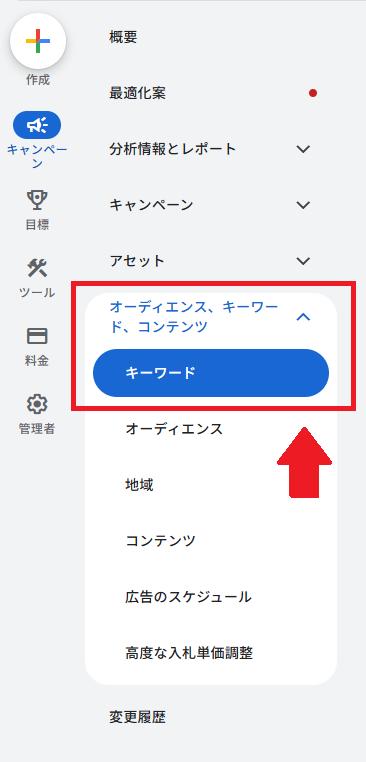 「オーディエンス、コンテンツ、キーワード」から「キーワード」を選択