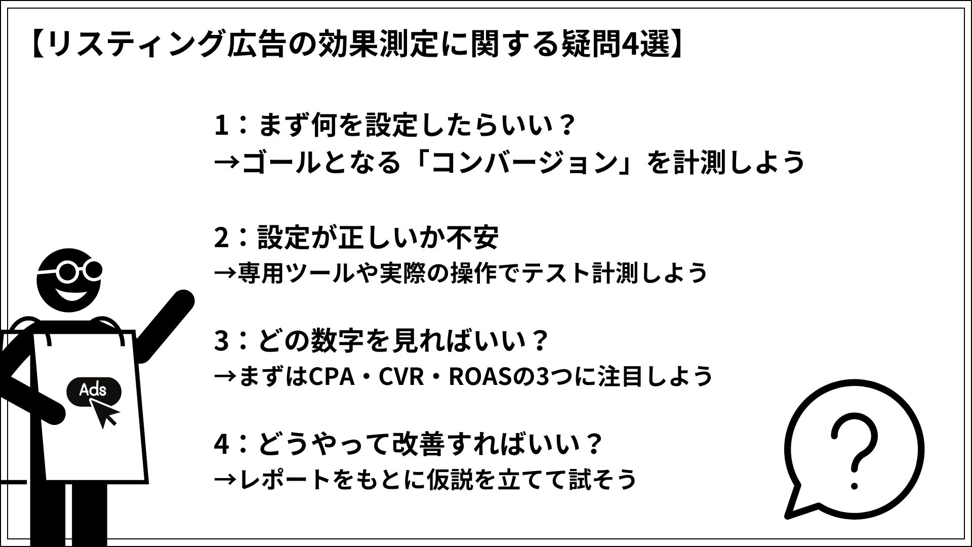 リスティング広告の効果測定に関する疑問4選 1：まず何を設定したらいい？ →ゴールとなる「コンバージョン」を計測しよう 2：設定が正しいか不安 →専用ツールや実際の操作でテストしよう 3：どの数字を見ればいい？ まずはCPA・CVR・ROASの3つに注目しよう 4：どうやって改善すればいい？ →レポートをもとに仮説を立てて試そう