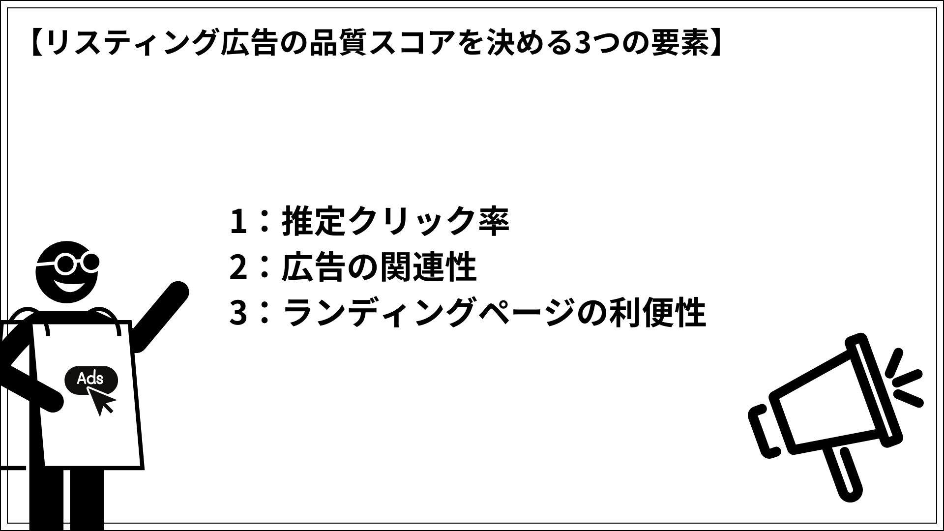 リスティング広告の品質スコアを決める3つの要素 1：推定クリック率 2：広告の関連性 3：ランディングページの利便性