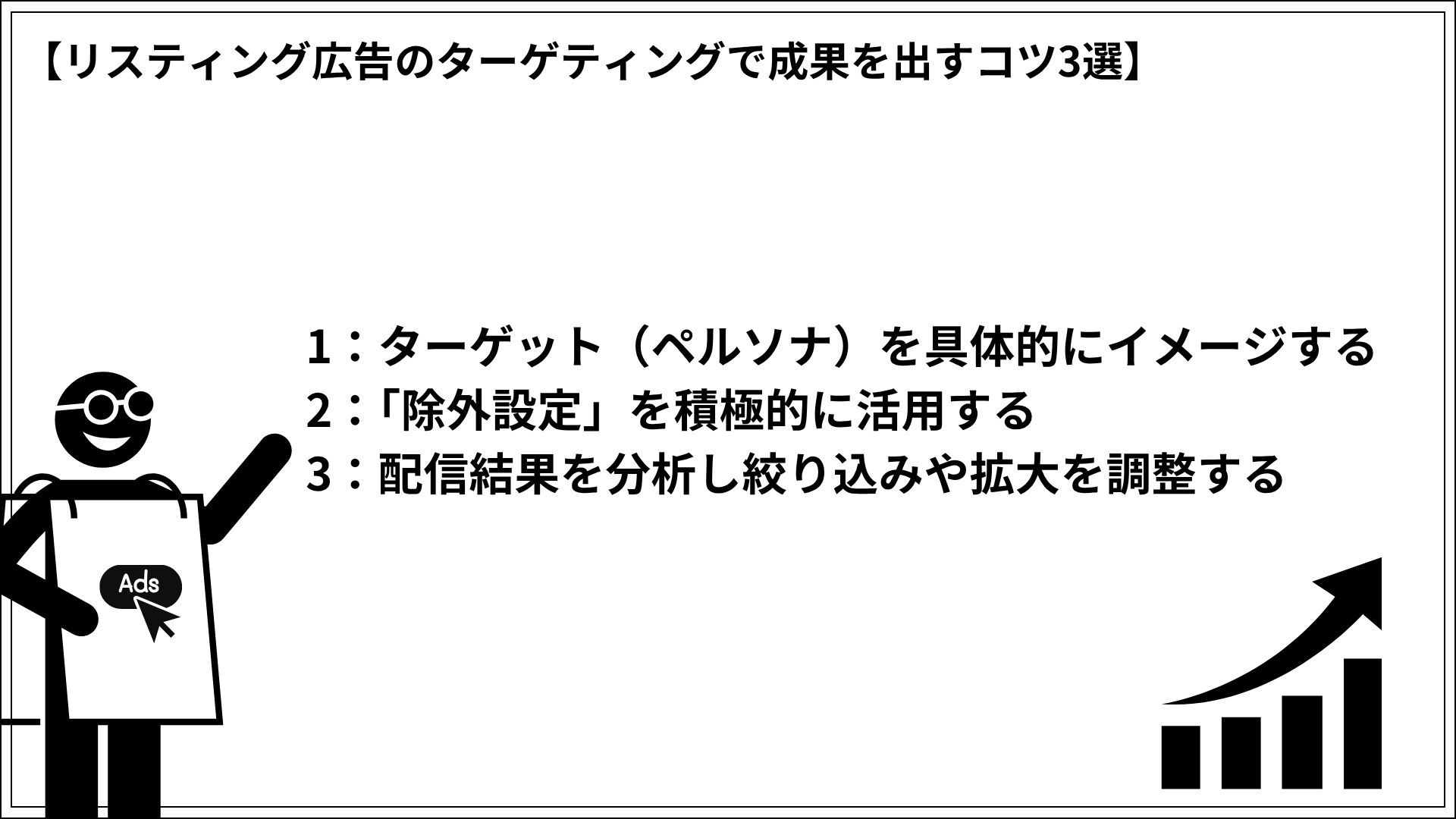 リスティング広告のターゲティングで成果を出すコツ3選 1:ターゲット(ペルソナ)を具体的にイメージする 2:「除外設定」を積極的に活用する 3:配信結果を分析し絞り込みや拡大を調整する