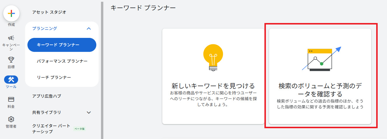 「検索のボリュームと予測のデータを確認する」をクリック