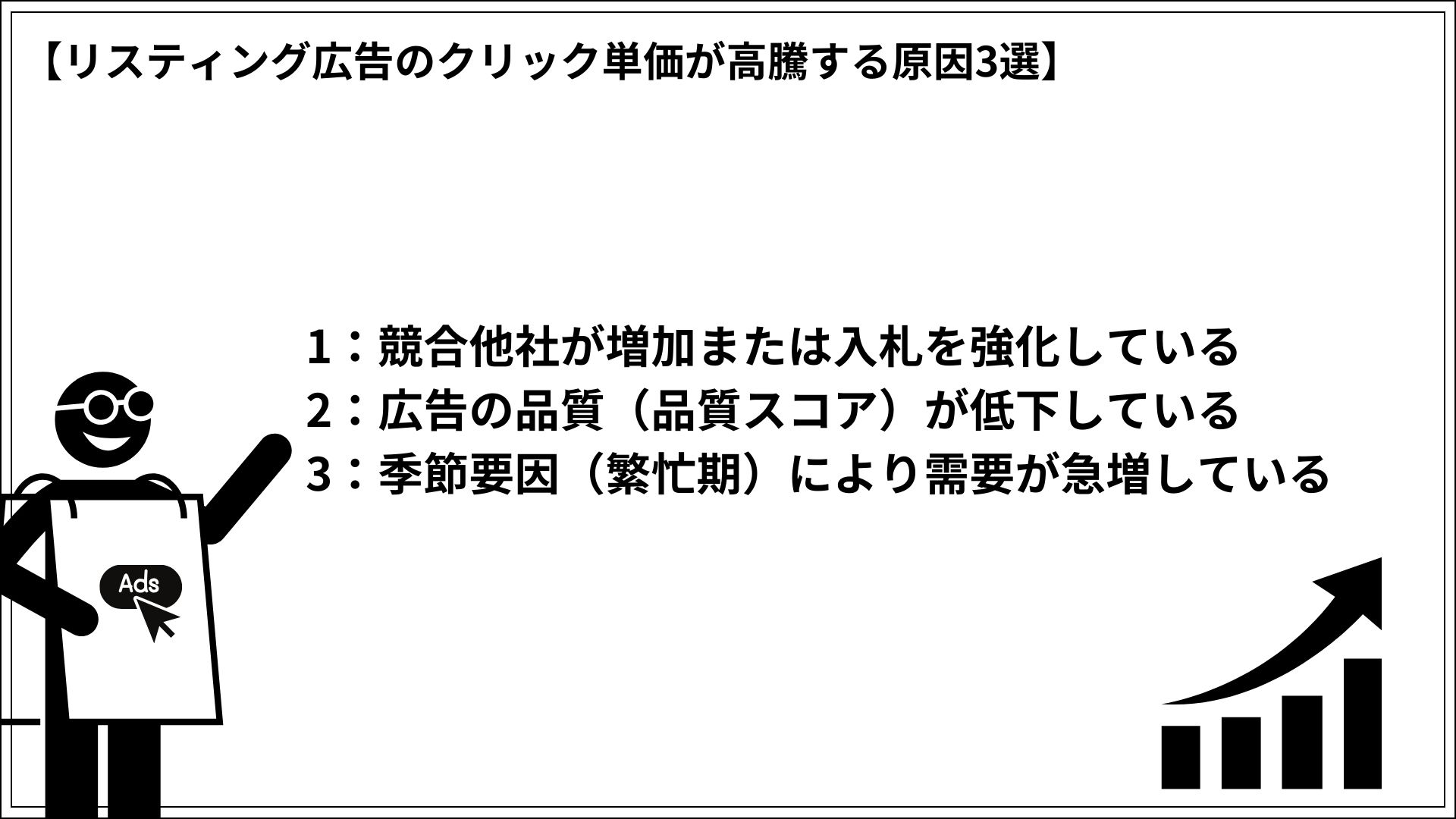 リスティング広告のクリック単価が高騰する原因3選 1：競合他社が増加または入札を強化している 2：広告の品質（品質スコア）が低下している 3：季節要因（繁忙期）により需要が急増している