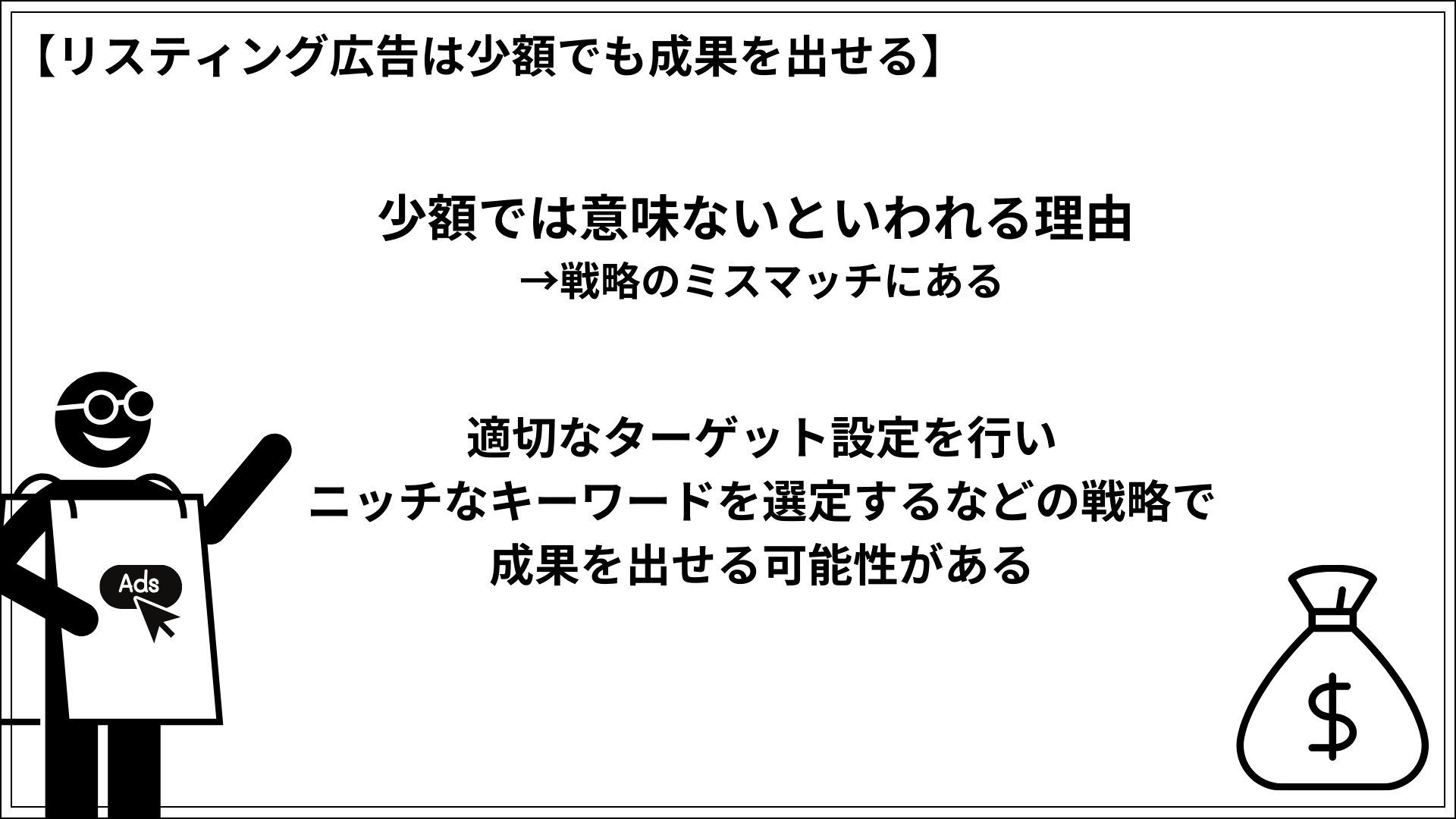 リスティング広告は少額でも成果を出せる 少額では意味ないといわれる理由 →戦略のミスマッチにある 適切なターゲット設定を行いニッチなキーワードを選定するなどの戦略で成果を出せる可能性がある