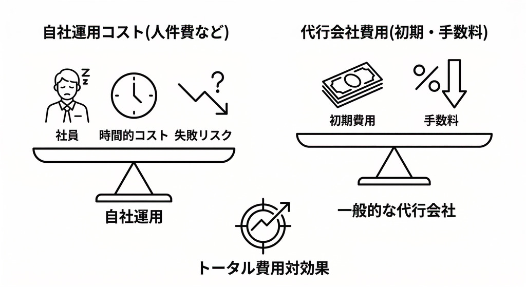 比較1：自社運用の人件費と一般的な代行会社の初期費用・手数料を天秤にかける